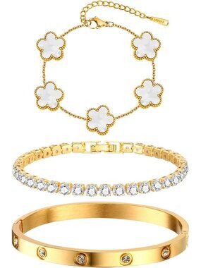 Womens White Stackable Floral Gold Bracelets - 3Pcs 18K Gold Plated Bracelet
